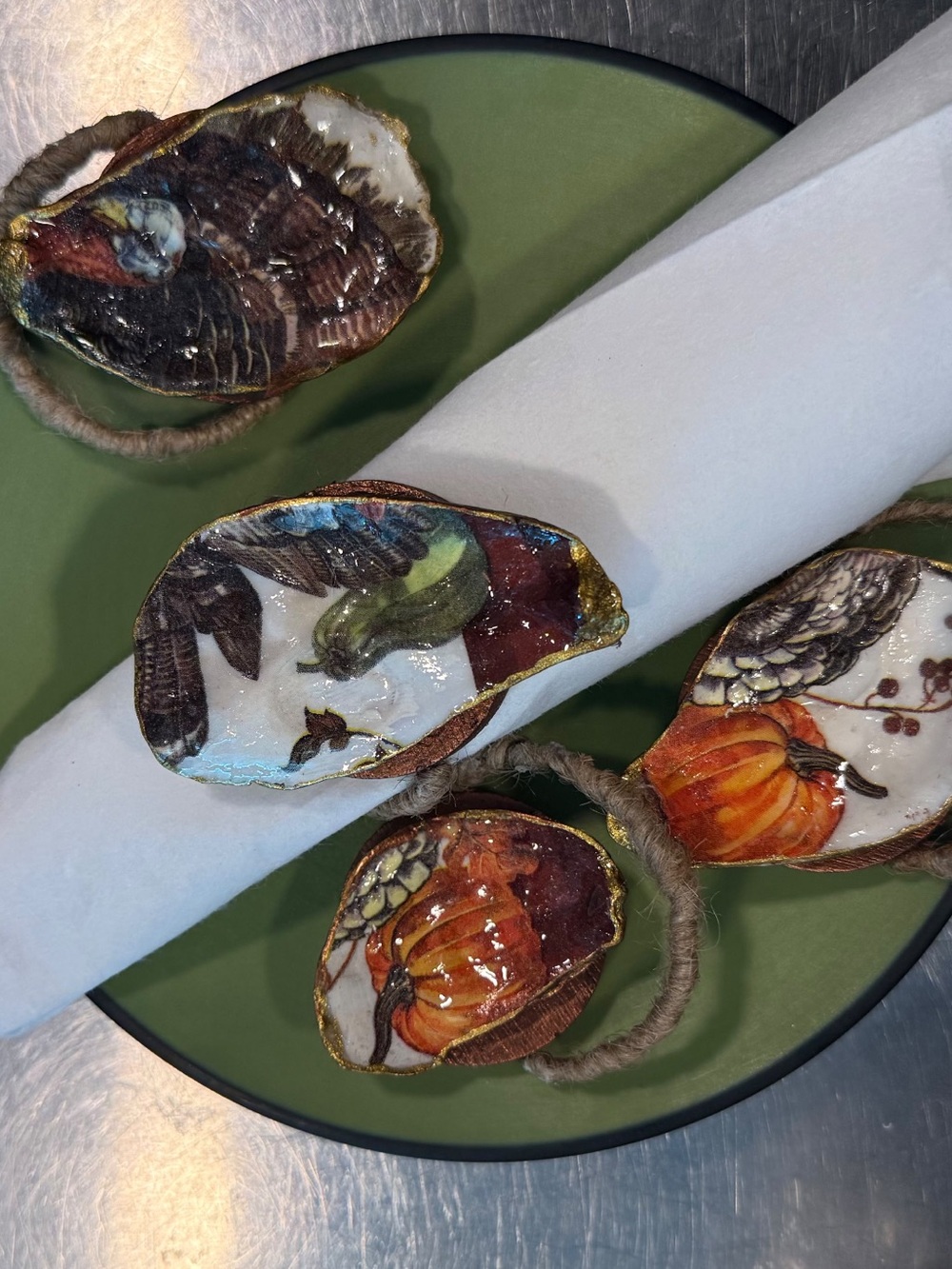 Hand-Painted Autumn Oyster Shell Napkin Rings - Green & Orange Accents